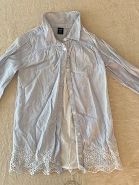 babyGap Toddler 4Y Blue Stripe Linen Cotton Shirt Dress Eyelet Embroidered Hem